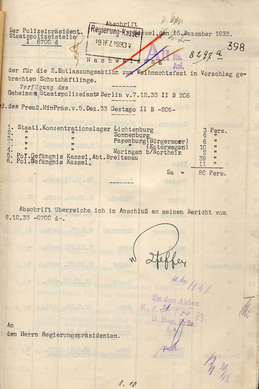 Nachweisung der für die zweite Entlassungsaktion zu Weihnachten vorgeschlagenen Schutzhäftlinge vom Polizeipräsidenten, Kassel, den 16. Dezember 1933
