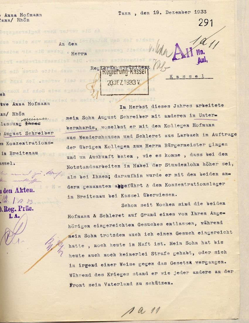 Gesuch der Anna Hofmann ihren Sohn August Schreiber zu Weihnachten aus der Schutzhaft zu entlassen, Tann, den 19. Dezember 1933.