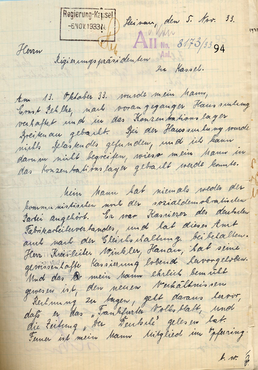 Gesuch der Grete Pehlke ihren Ehemann Ernst Pehlke aus der Schutzhaft zu entlassen, Steinau, den 5. November 1933.