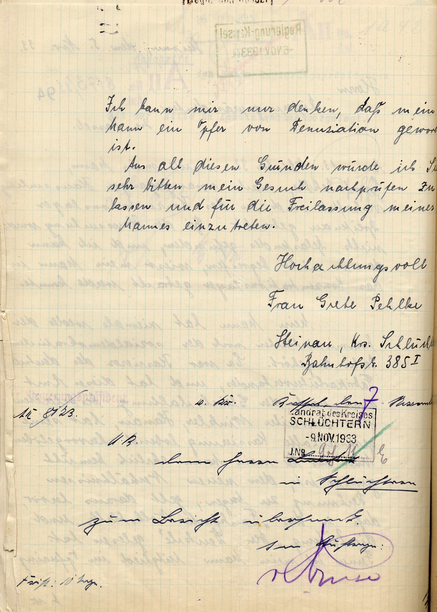 Gesuch der Grete Pehlke ihren Ehemann Ernst Pehlke aus der Schutzhaft zu entlassen, Steinau, den 5. November 1933.