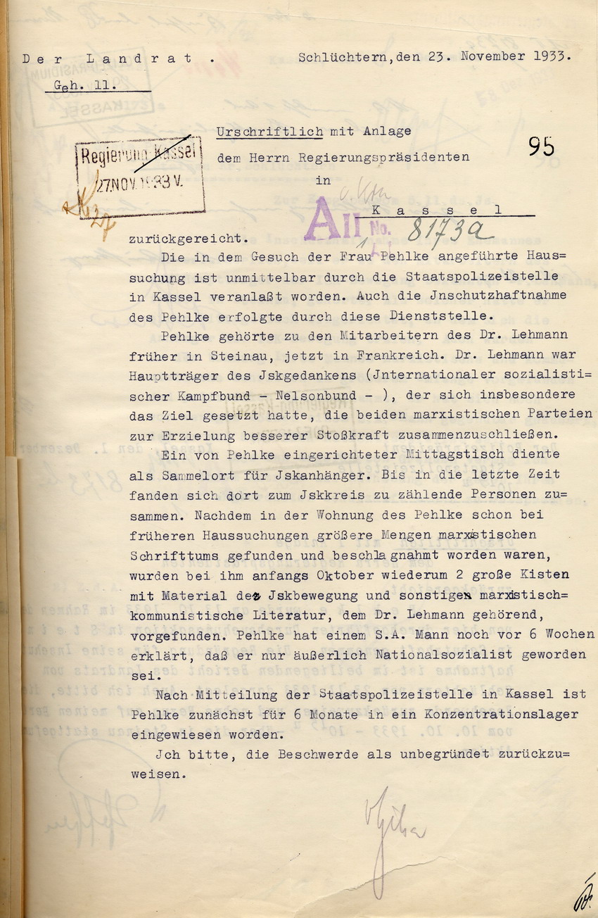 Mitteilung des Grundes der Inschutzhaftnahme von Ernst Pehlke, Schlüchtern, den 23. November 1933.