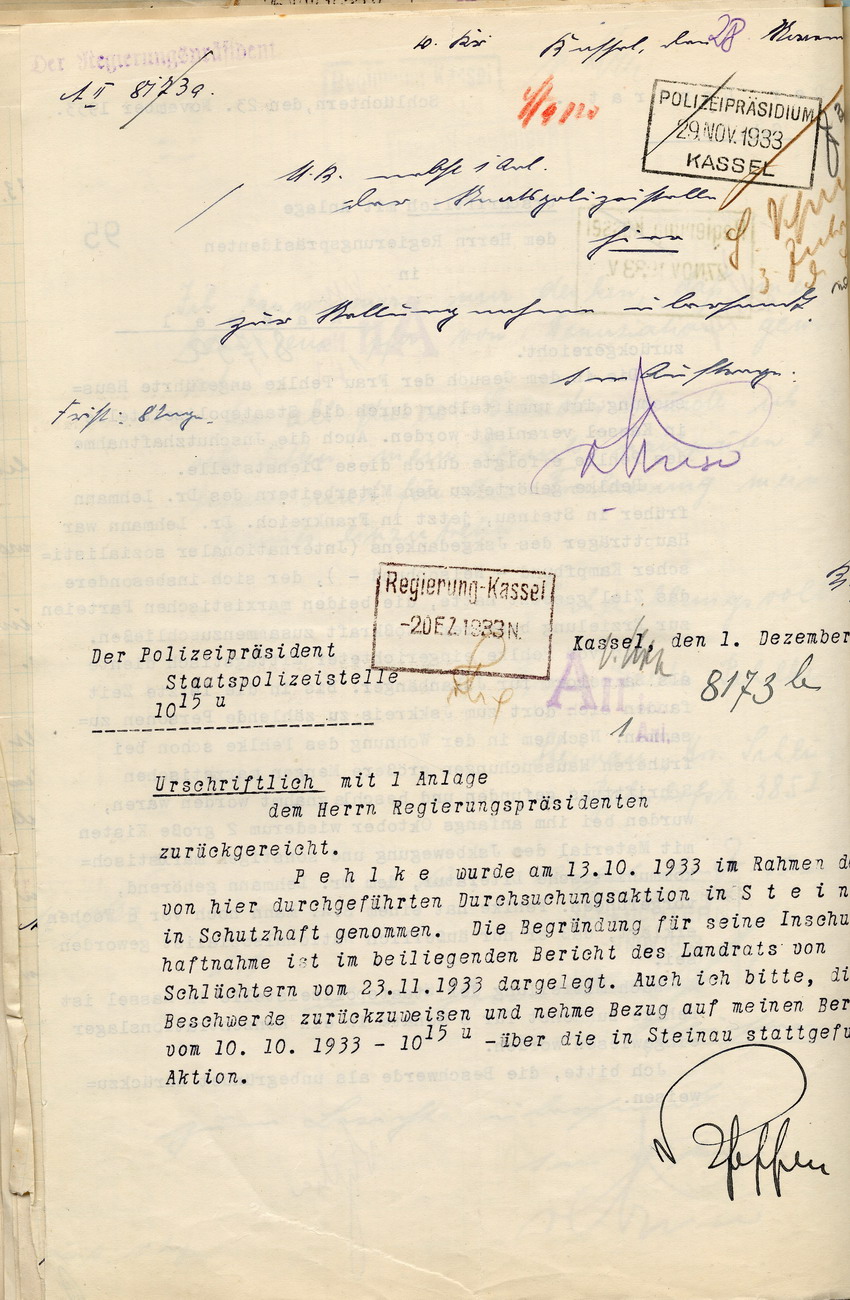 Mitteilung des Grundes der Inschutzhaftnahme von Ernst Pehlke, Schlüchtern, den 23. November 1933.