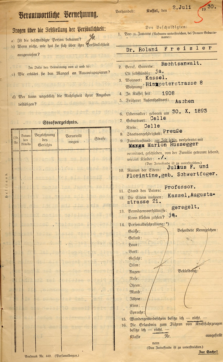 Vernehmungsprotokoll der Schutzpolizei: Freisler macht eine Aussage, Kassel, den 2. Juli 1930.