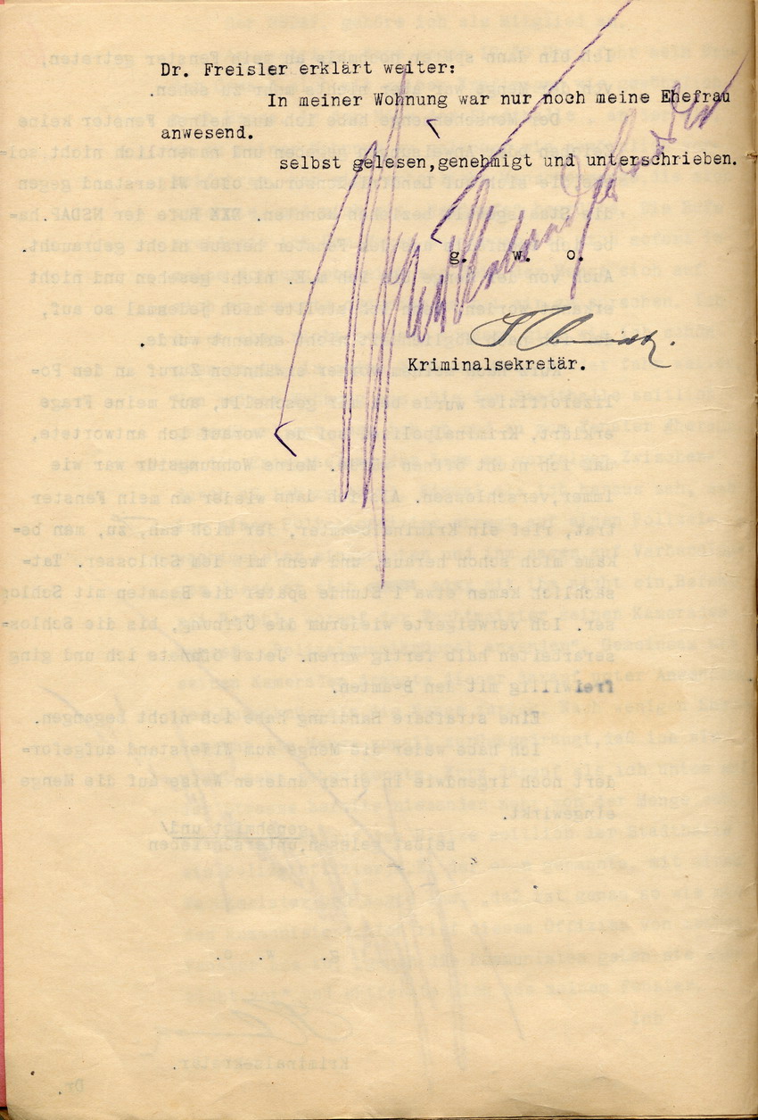 Vernehmungsprotokoll der Schutzpolizei: Freisler macht eine Aussage, Kassel, den 2. Juli 1930.