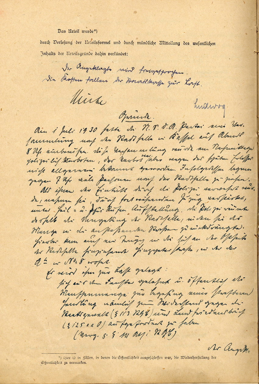 Urteil des Amtsgerichts Kassel vom 2. Juli 1930 im Fall Freisler: Freispruch vom Tatvorwurf des Landfriedensbruchs und Berufung der Staatsanwaltschaft.