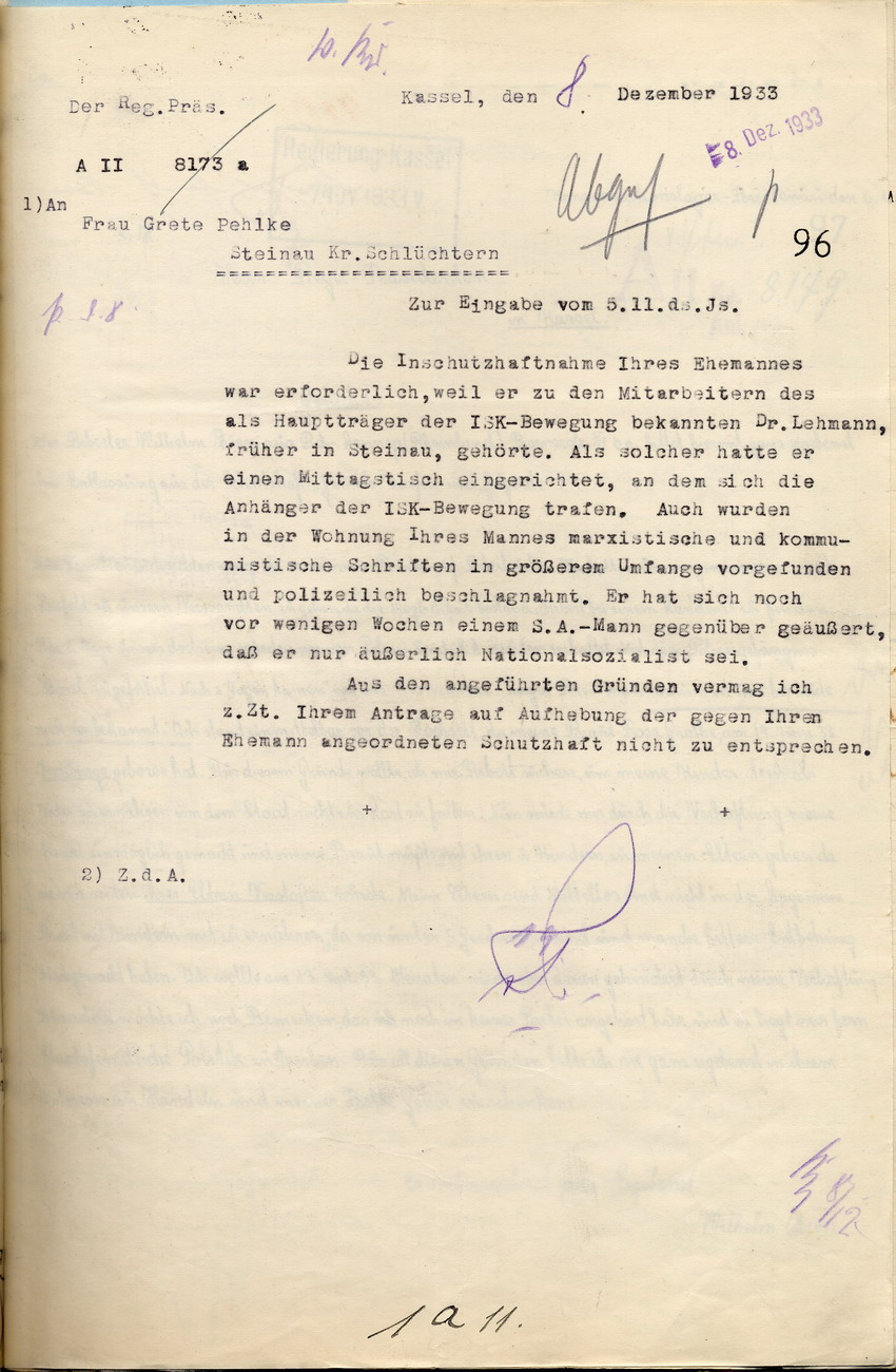 Mitteilung des Regierungspräsidenten über den Grund der Inschutzhaftnahme von Ernst Pehlke und Ablehnung des Entlassungsgesuchs, Kassel, den 8. Dezember 1933.