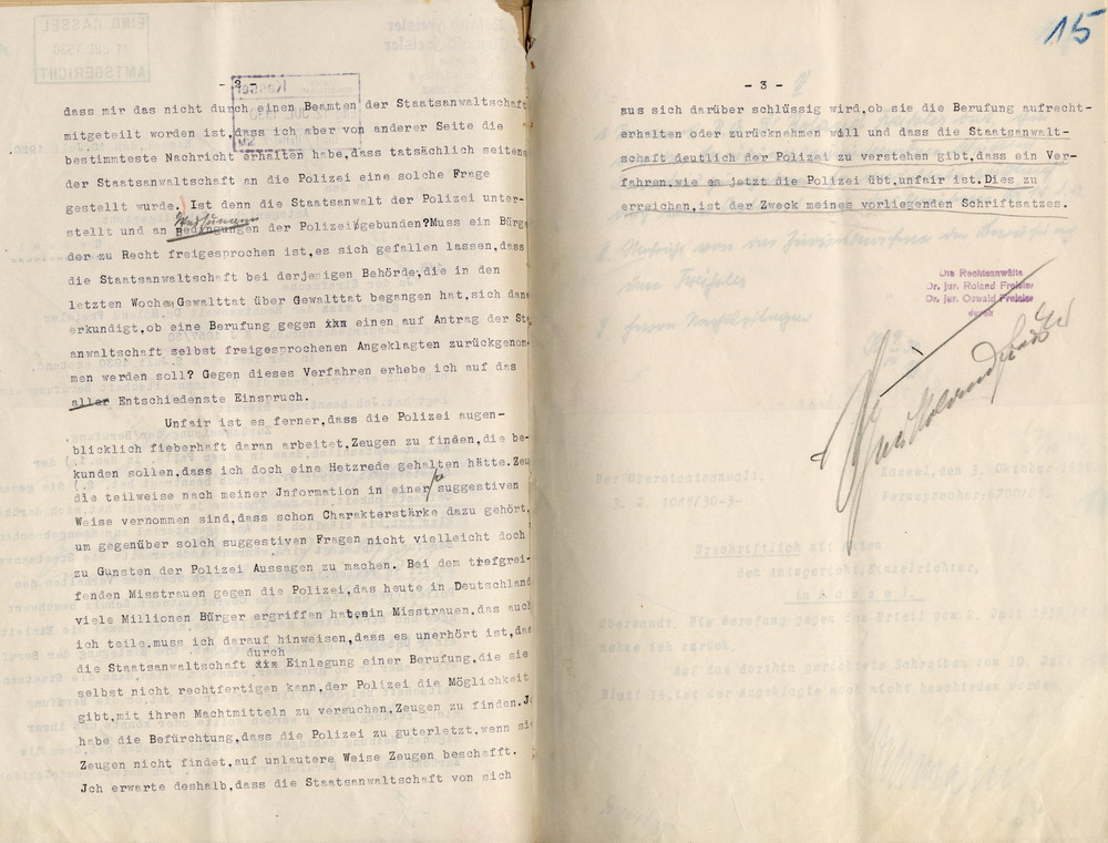 Antrag der Anwälte Freisler beim Amtsgericht: Zurückweisung der Berufung der Staatsanwaltschaft, Kassel, den 10. Juli 1930.