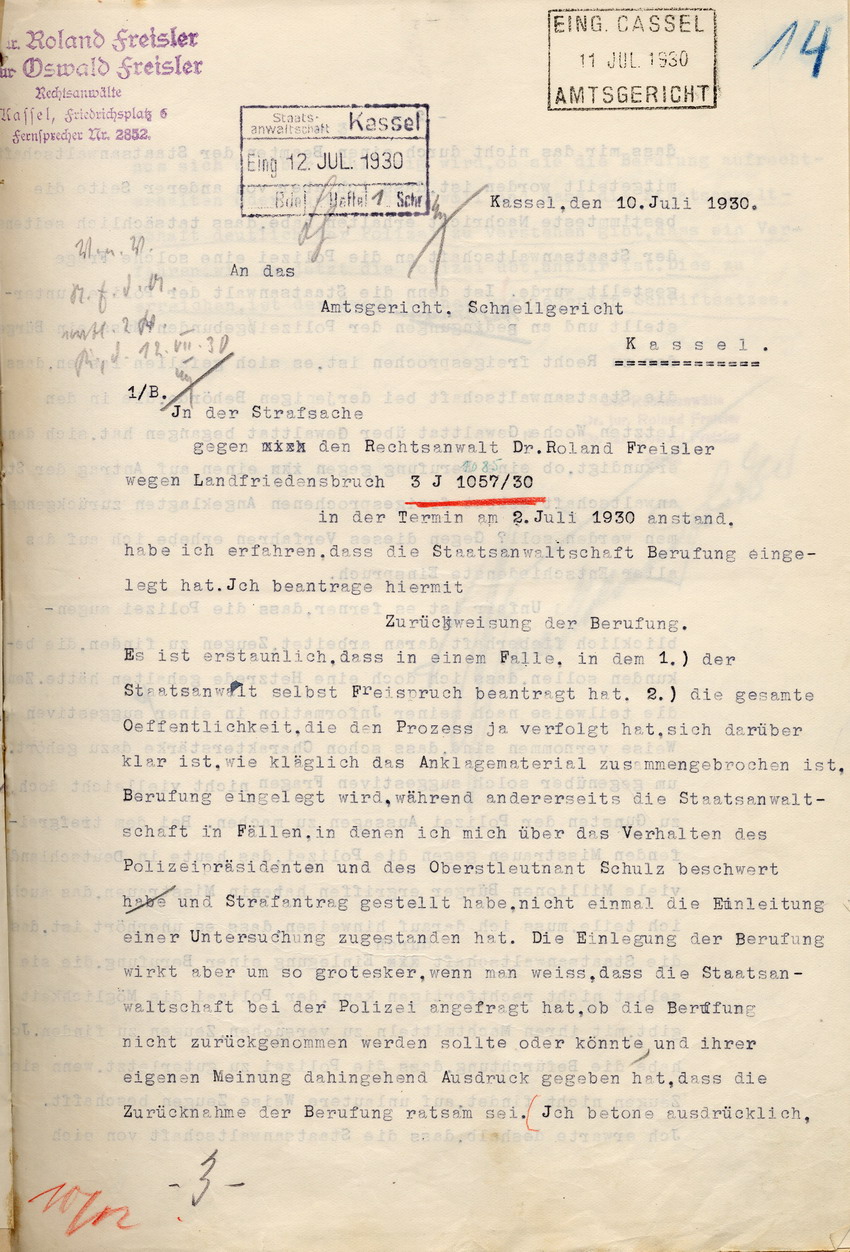 Antrag der Anwälte Freisler beim Amtsgericht: Zurückweisung der Berufung der Staatsanwaltschaft, Kassel, den 10. Juli 1930.
