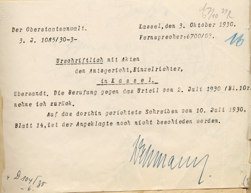 Der Oberstaatsanwalt nimmt die Berufung im Fall Freisler zurück, Kassel, den 3. Oktober 1930.