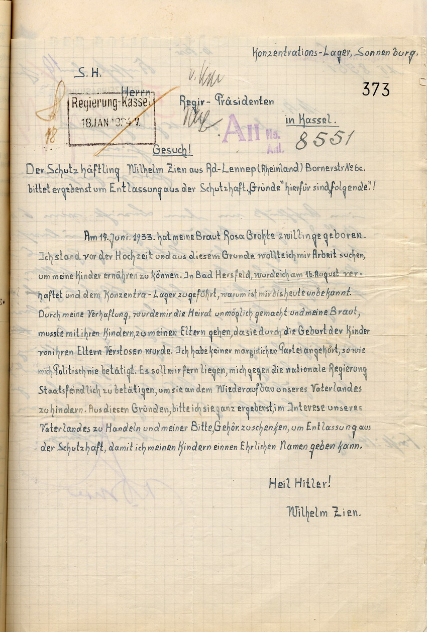 Gesuch des Schutzhäftlings Wilhelm Zien um seine Entlassung aus dem Konzentrationslager, Konzentrationslager Sonnenburg im Januar 1934.