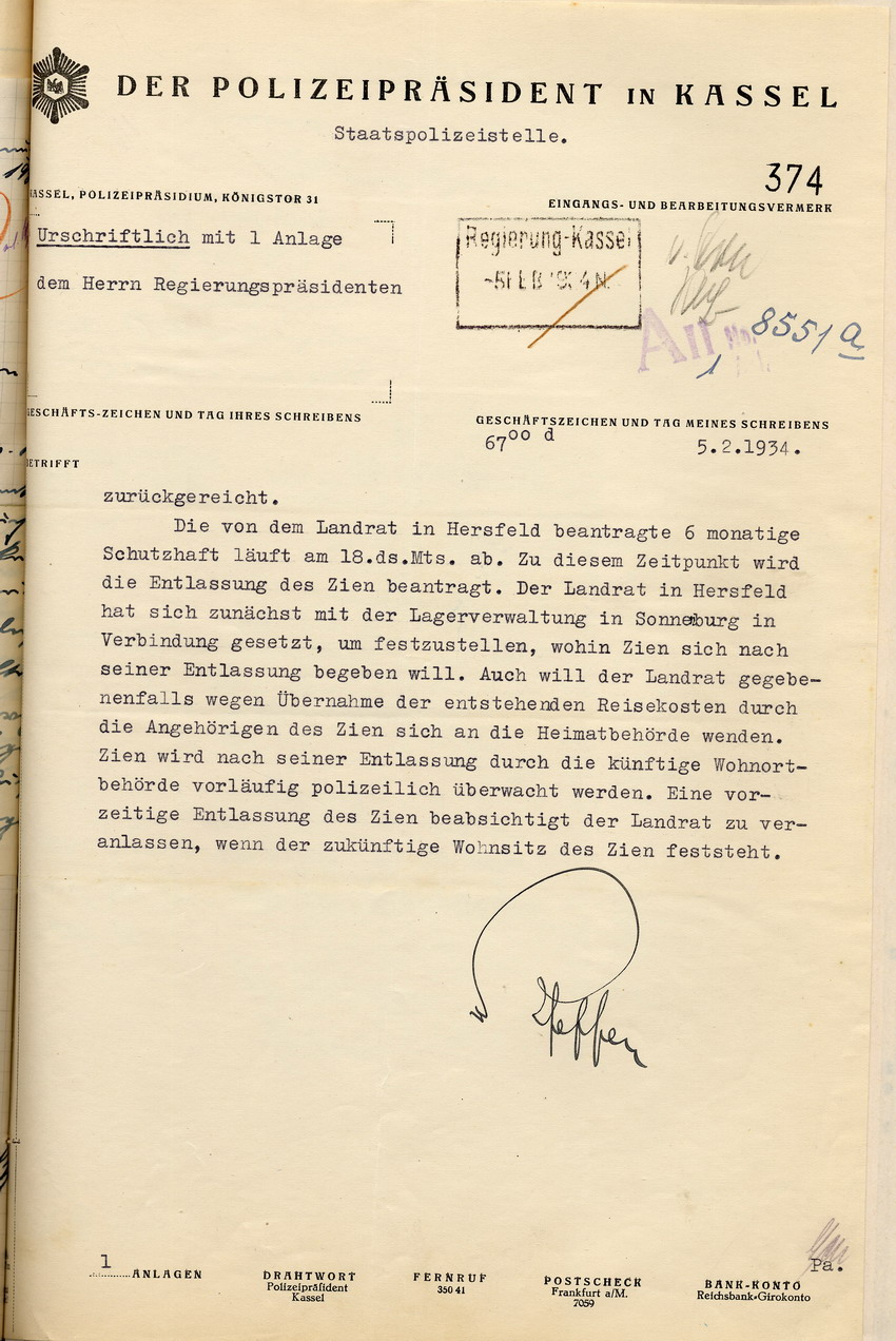 Reaktion des Polizeipräsidenten auf den Gesuch des Schutzhäftlings Wilhelm Zien um seine Entlassung aus dem Konzentrationslager Sonnenburg, Kassel, den 5. Februar 1934.