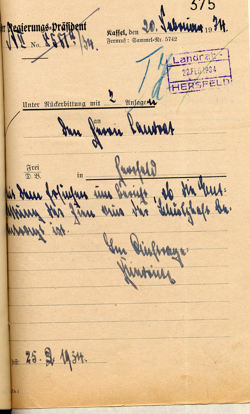 Antwort des Landrates auf den Gesuch des Schutzhäftlings Wilhelm Zien um seine Entlassung aus dem Konzentrationslager Sonnenburg, Hersfeld, den 23. Februar 1934.