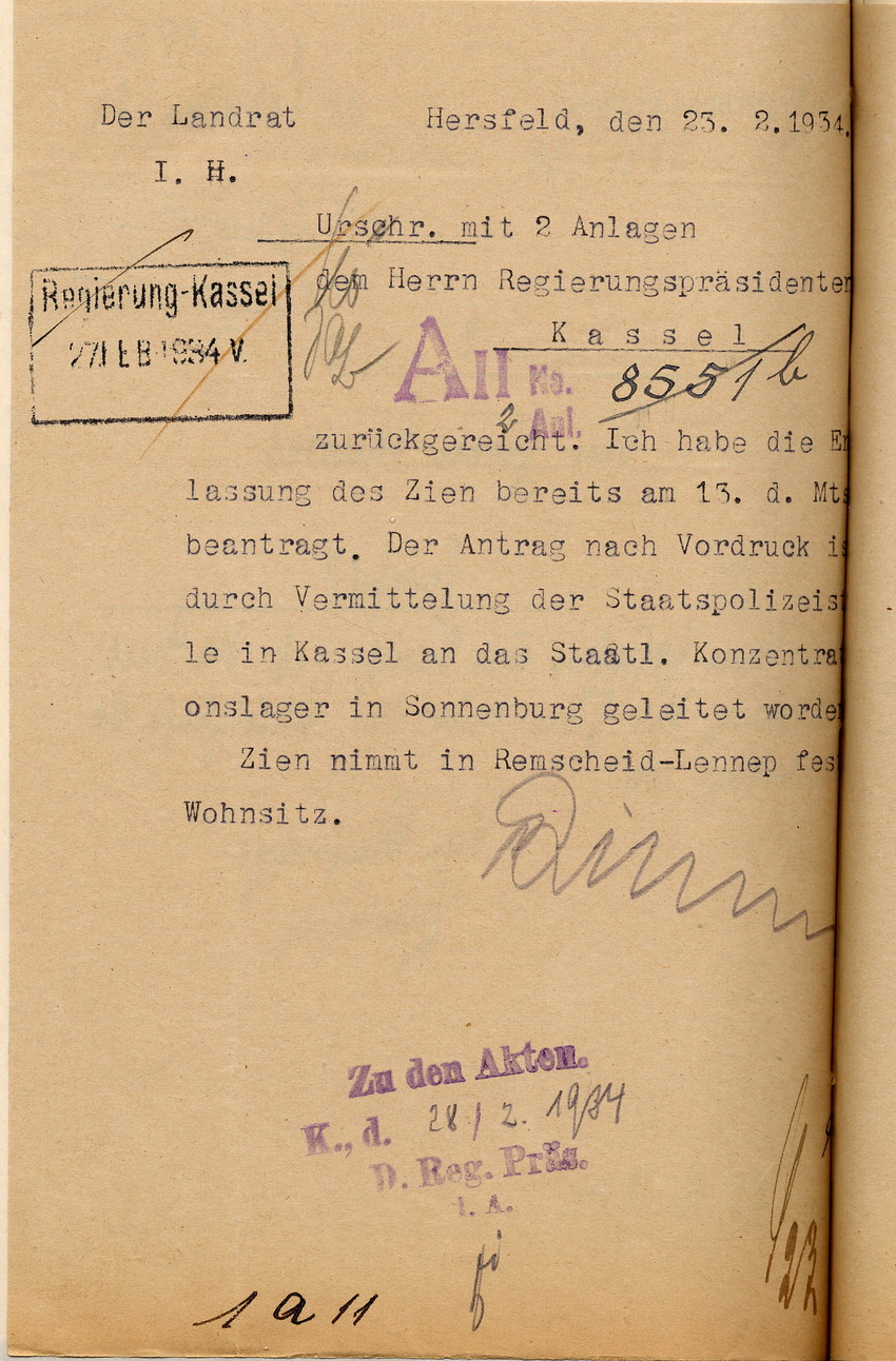 Antwort des Landrates auf den Gesuch des Schutzhäftlings Wilhelm Zien um seine Entlassung aus dem Konzentrationslager Sonnenburg, Hersfeld, den 23. Februar 1934.