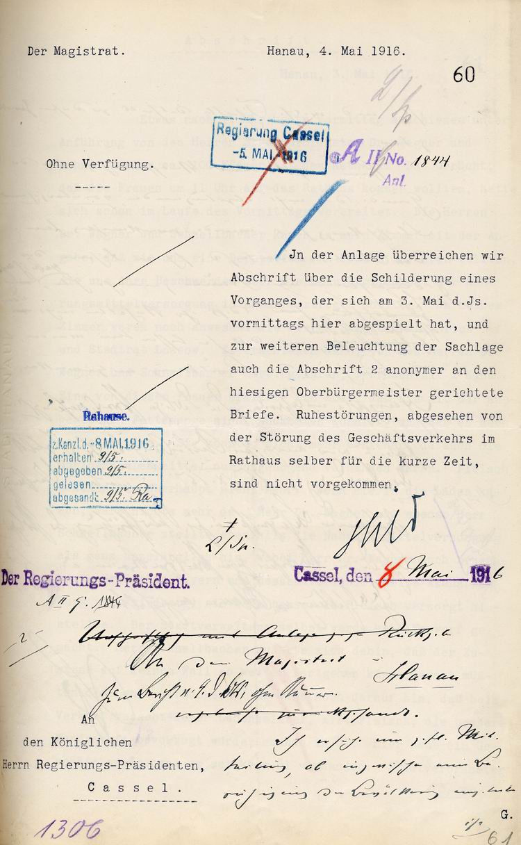 Hanauer Rathaussturm 3. Mai 1916, Bürgermeister Hild an den Regierungs-Präsidenten in Cassel, mit anonymen Drohbriefen