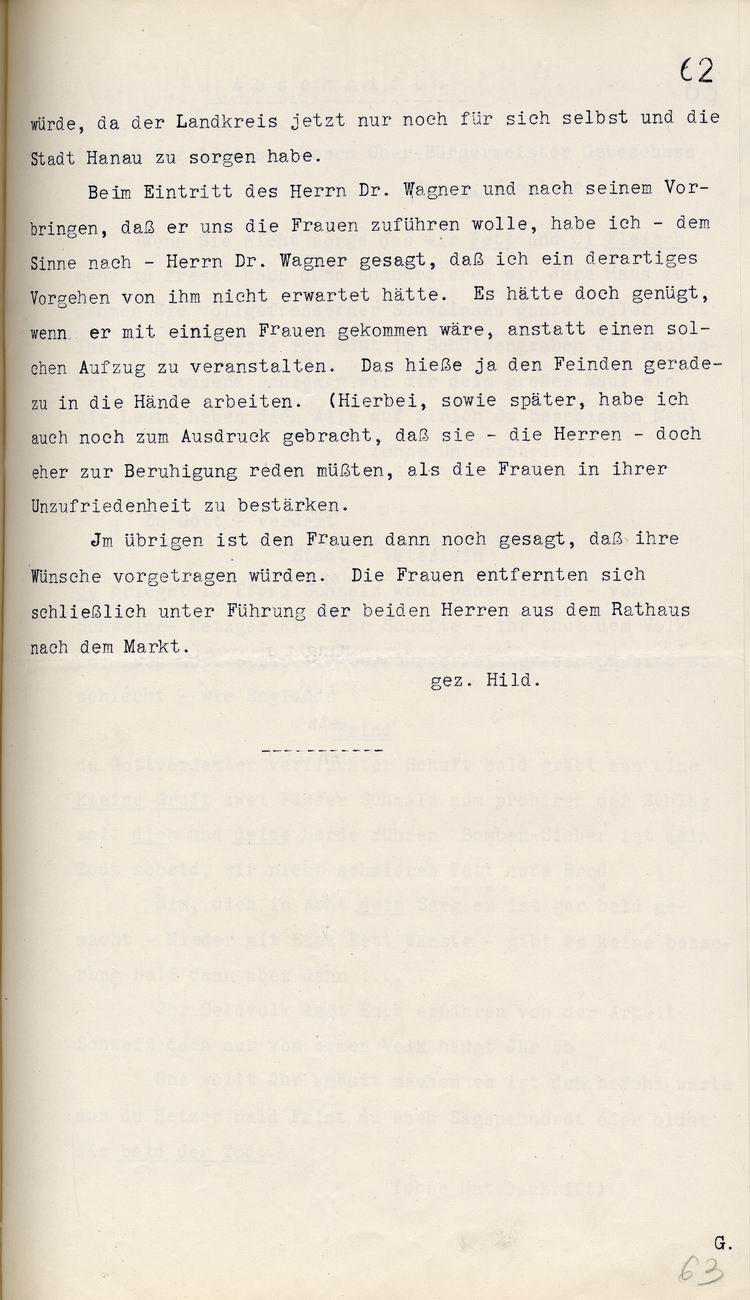 Hanauer Rathaussturm 3. Mai 1916, Bürgermeister Hild an den Regierungs-Präsidenten in Cassel, mit anonymen Drohbriefen