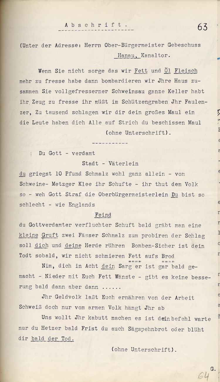 Hanauer Rathaussturm 3. Mai 1916, Bürgermeister Hild an den Regierungs-Präsidenten in Cassel, mit anonymen Drohbriefen