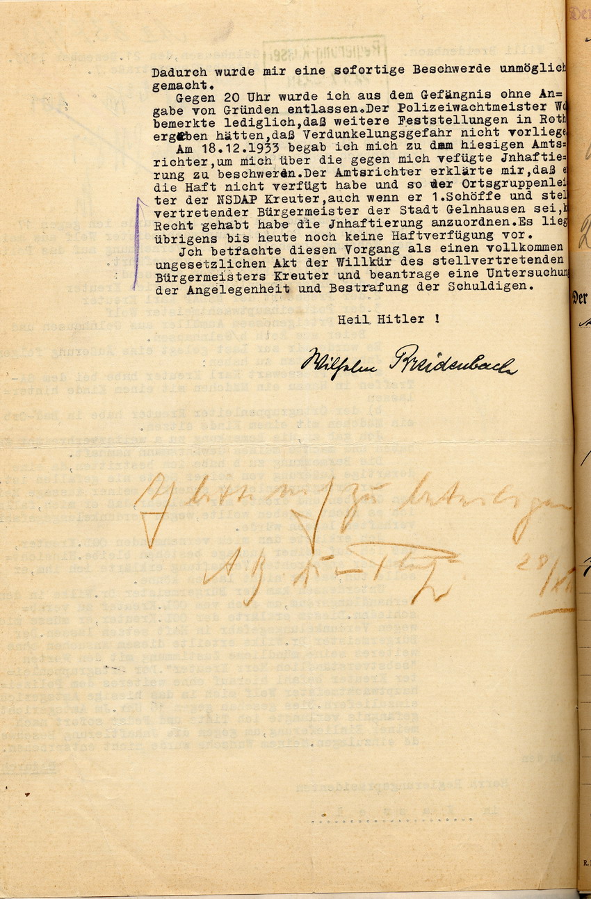 Beschwerde des SA-Sturmmannes Willi Breidenbach über seine am 16. Dezember 1933 erfolgte Inschutzhaftnahme, Gelnhausen, den 21. Dezember 1933.