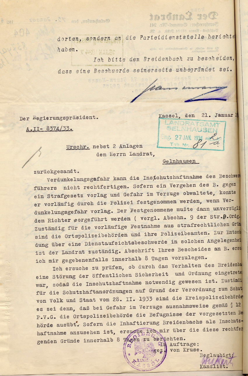 Reaktion des Landrates auf  die Beschwerde des SA-Sturmmannes Willi Breidenbach über seine am 16. Dezember 1933 erfolgte Inschutzhaftnahme, Gelnhausen, den 15. Januar  und 10. Februar 1934.