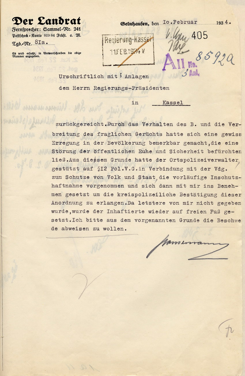 Reaktion des Landrates auf  die Beschwerde des SA-Sturmmannes Willi Breidenbach über seine am 16. Dezember 1933 erfolgte Inschutzhaftnahme, Gelnhausen, den 15. Januar  und 10. Februar 1934.