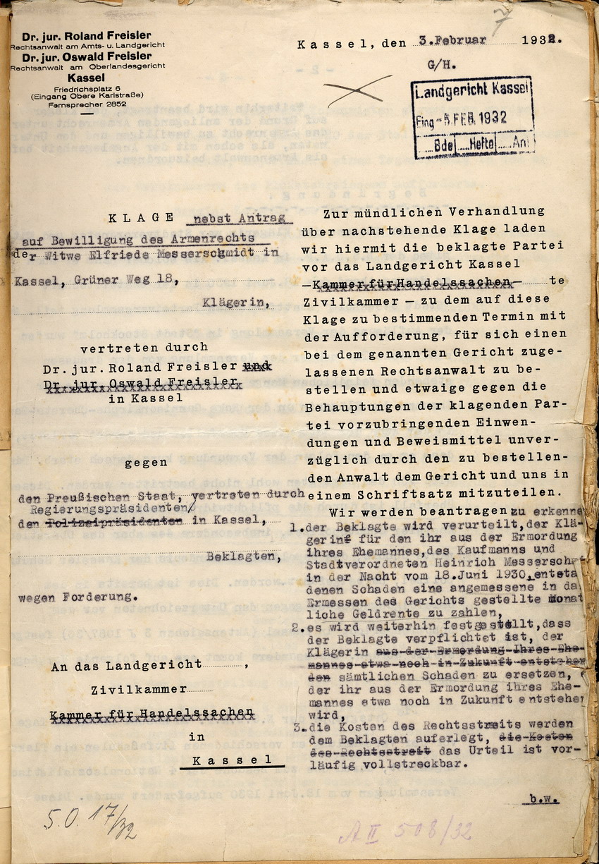 Anwälte Freisler: Klageschrift der Witwe Elfriede Messerschmidt gegen den Preußischen Staat, Kassel, den 3. Februar 1932.