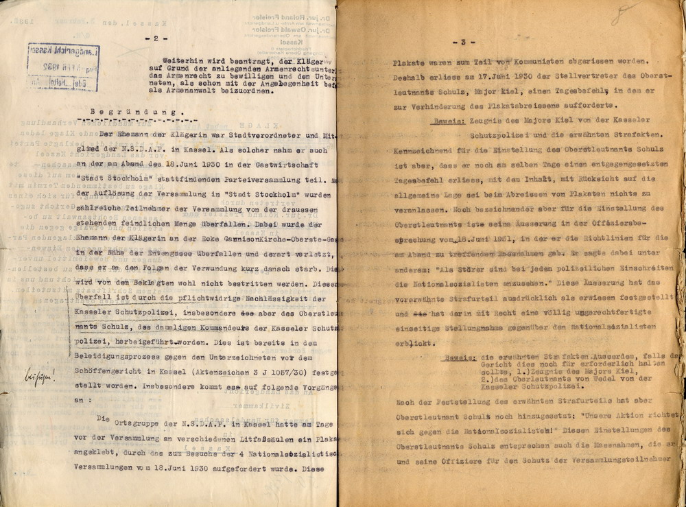 Anwälte Freisler: Klageschrift der Witwe Elfriede Messerschmidt gegen den Preußischen Staat, Kassel, den 3. Februar 1932.