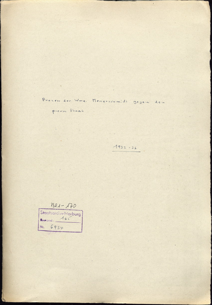 Anwälte Freisler: Klageschrift der Witwe Elfriede Messerschmidt gegen den Preußischen Staat, Kassel, den 3. Februar 1932.