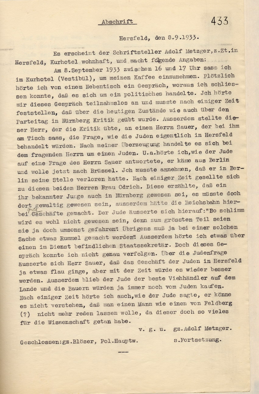 Aussage Adolf Metzgers über ein mitgehörtes Gespräch zwischen Gustav Sauer und dem jüdischen Professor Großmann über politische Themen, Hersfeld, den 8. September 1933.