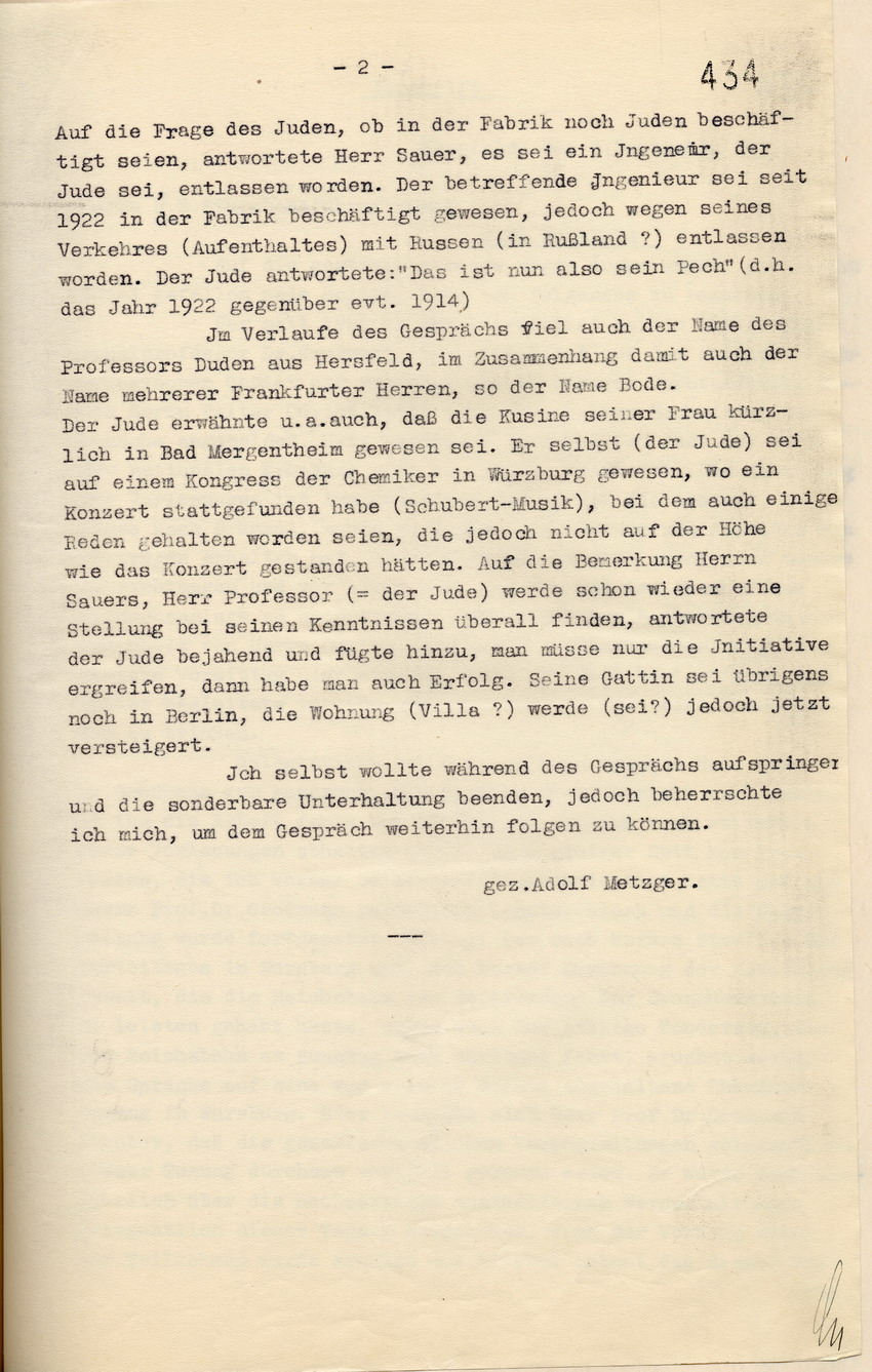 Aussage Adolf Metzgers über ein mitgehörtes Gespräch zwischen Gustav Sauer und dem jüdischen Professor Großmann über politische Themen, Hersfeld, den 8. September 1933.