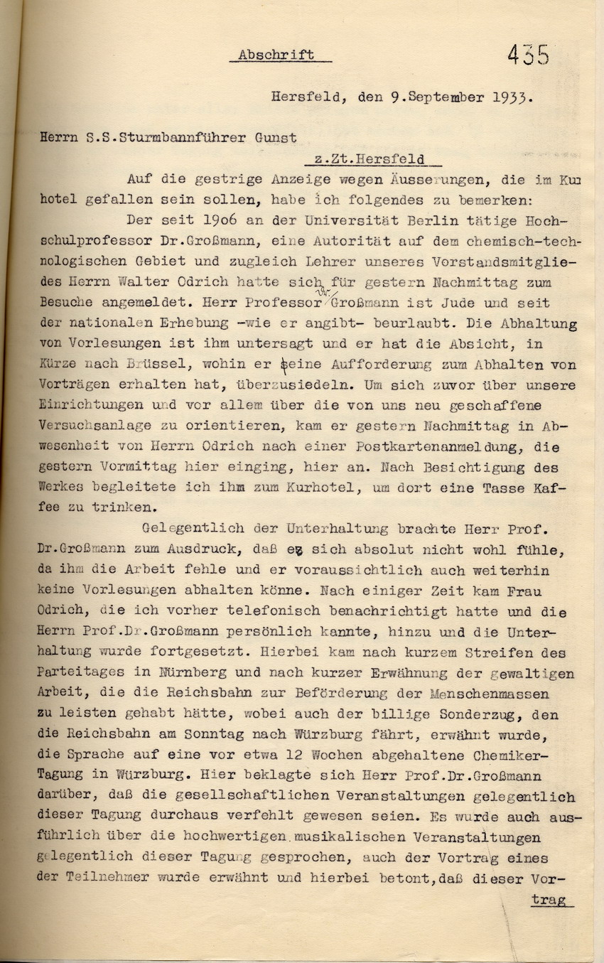 Stellungnahme Gustav Sauers zu dem Gespräch zwischen ihm und dem jüdischen Professor Großmann, das Adolf  Metzger mitgehört hatte, Hersfeld, den 9. September 1933.