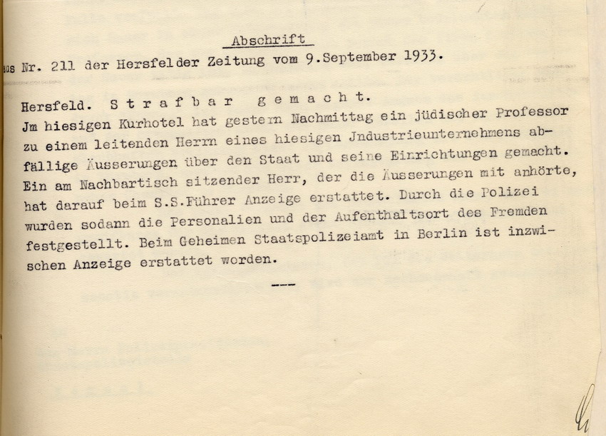 Zeitungsartikel in der Hersfelder Zeitung über das Gespräch zwischen Gustav Sauer und dem jüdischen Professor Großmann, das Adolf  Metzger mitgehört hatte, Hersfeld, den 9. September 1933.