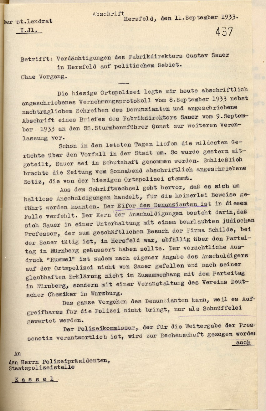 Stellungnahme des Landrates zu dem Gespräch zwischen Gustav Sauer und dem jüdischen Professor Großmann, das Adolf  Metzger mitgehört hatte, Hersfeld, den 11. September 1933.