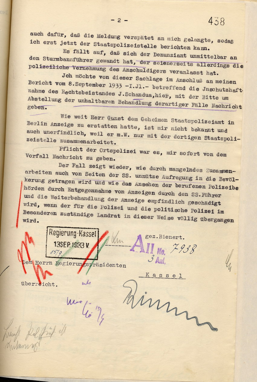 Stellungnahme des Landrates zu dem Gespräch zwischen Gustav Sauer und dem jüdischen Professor Großmann, das Adolf  Metzger mitgehört hatte, Hersfeld, den 11. September 1933.