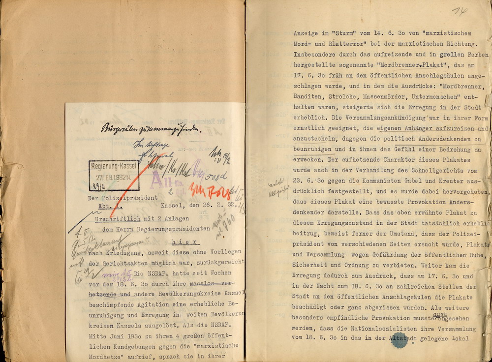 Stellungnahme des Polizeipräsidenten  zu der NSDAP-Parteikundgebung vom 18. Juni 1930, nach der Messerschmidt tödlich verletzt  worden war, Kassel, den 27. Februar 1932.