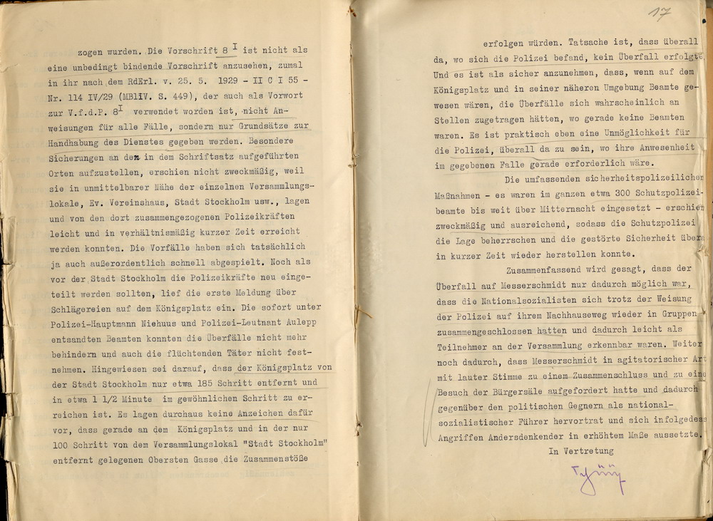 Stellungnahme des Polizeipräsidenten  zu der NSDAP-Parteikundgebung vom 18. Juni 1930, nach der Messerschmidt tödlich verletzt  worden war, Kassel, den 27. Februar 1932.