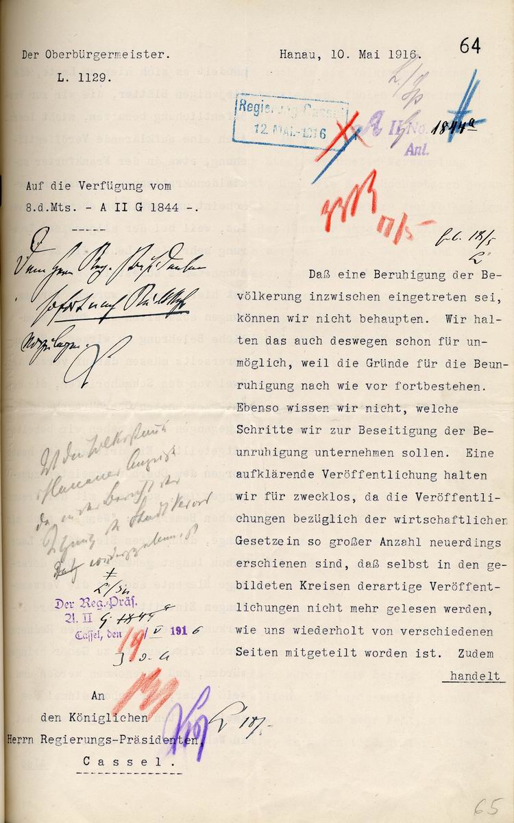 Hanauer Rathaussturm 3. Mai 1916: Ober-Bürgermeister Gebeschuss an den Regierungs-Präsidenten in Cassel, 10. Mai 1916