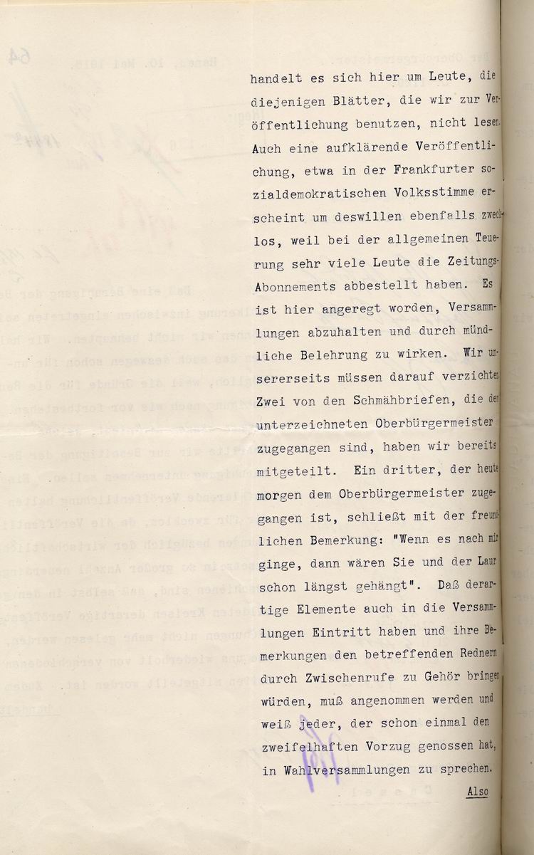 Hanauer Rathaussturm 3. Mai 1916: Ober-Bürgermeister Gebeschuss an den Regierungs-Präsidenten in Cassel, 10. Mai 1916