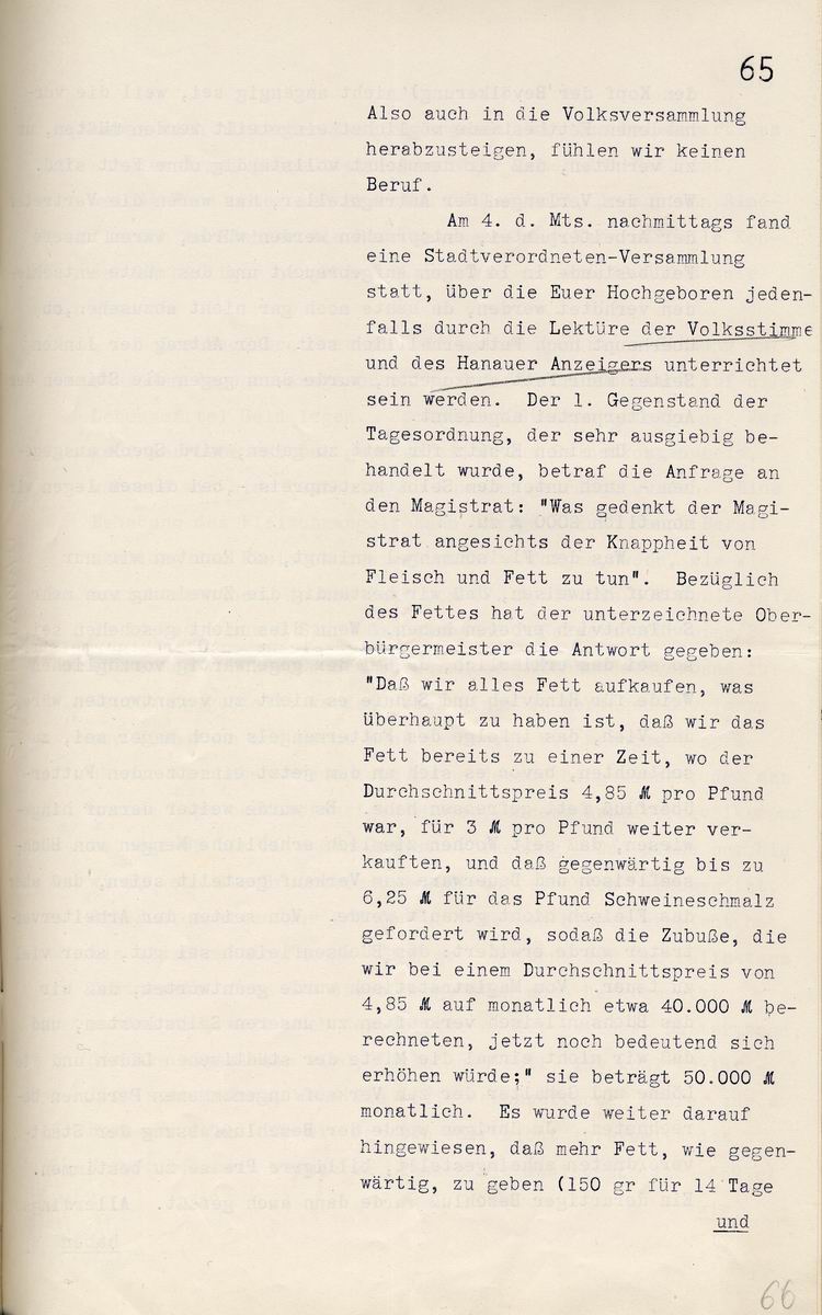 Hanauer Rathaussturm 3. Mai 1916: Ober-Bürgermeister Gebeschuss an den Regierungs-Präsidenten in Cassel, 10. Mai 1916