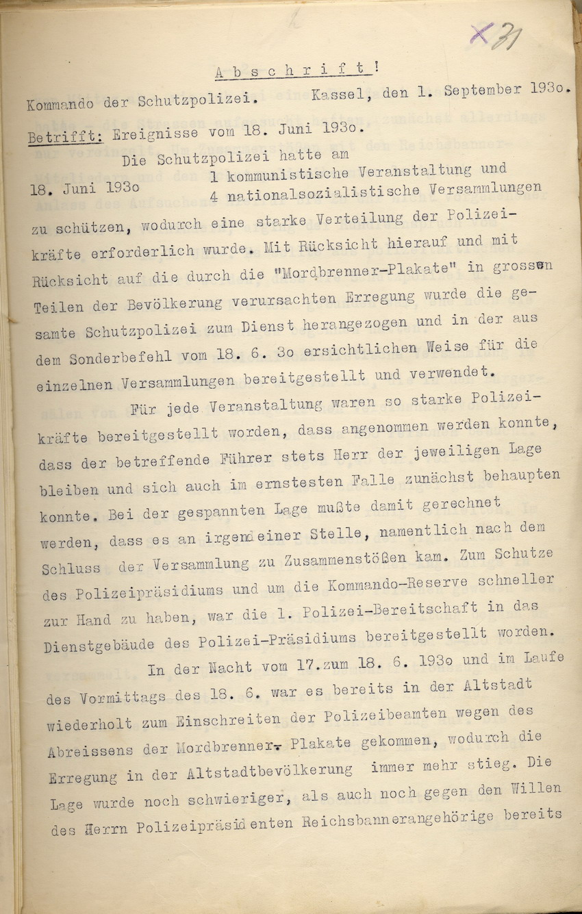 Einsatzprotokoll des Kommandos der Schutzpolizei über die Ereignisse des 17. und 18. Juni 1930, Kassel, den 1. September 1930.