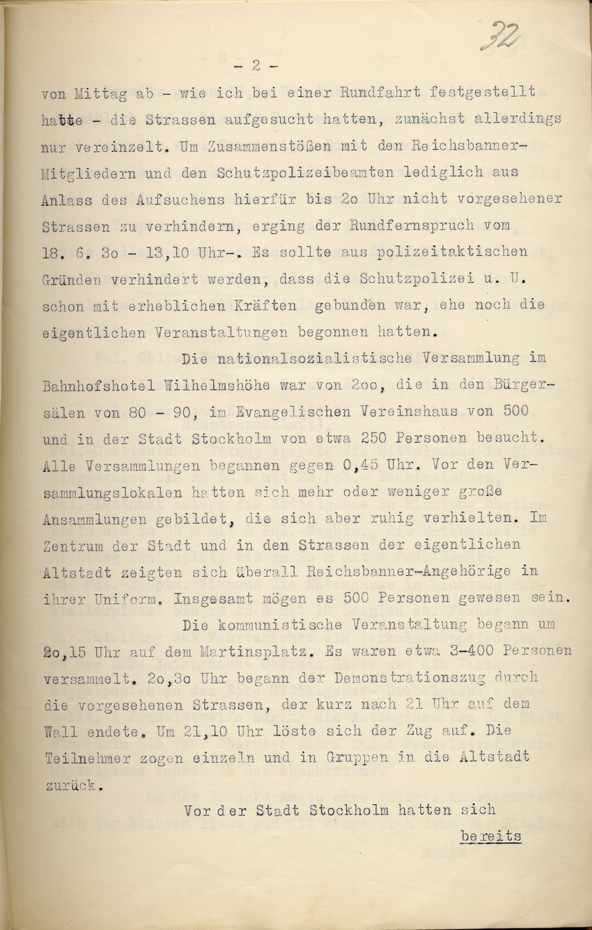 Einsatzprotokoll des Kommandos der Schutzpolizei über die Ereignisse des 17. und 18. Juni 1930, Kassel, den 1. September 1930.