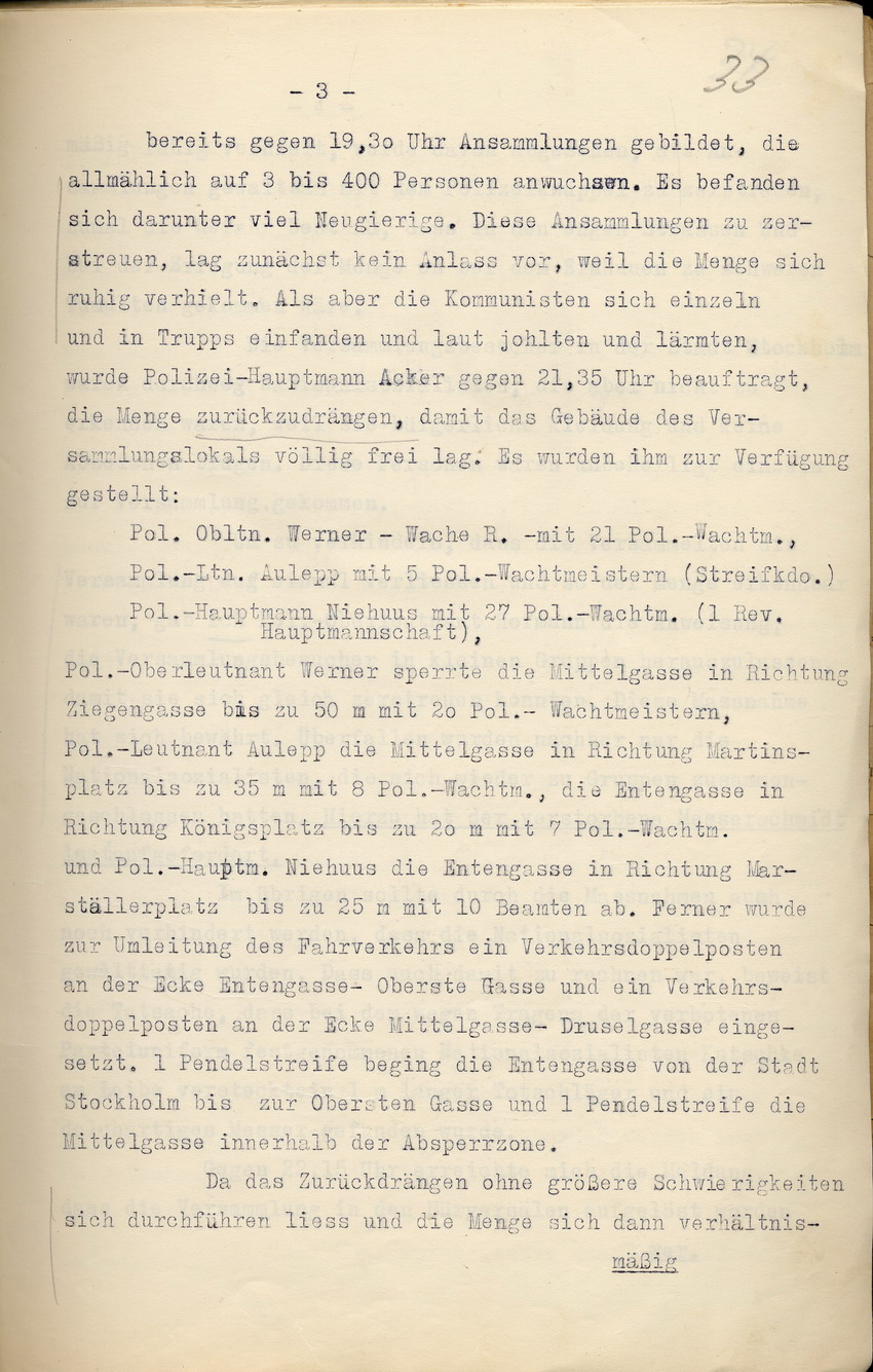 Einsatzprotokoll des Kommandos der Schutzpolizei über die Ereignisse des 17. und 18. Juni 1930, Kassel, den 1. September 1930.