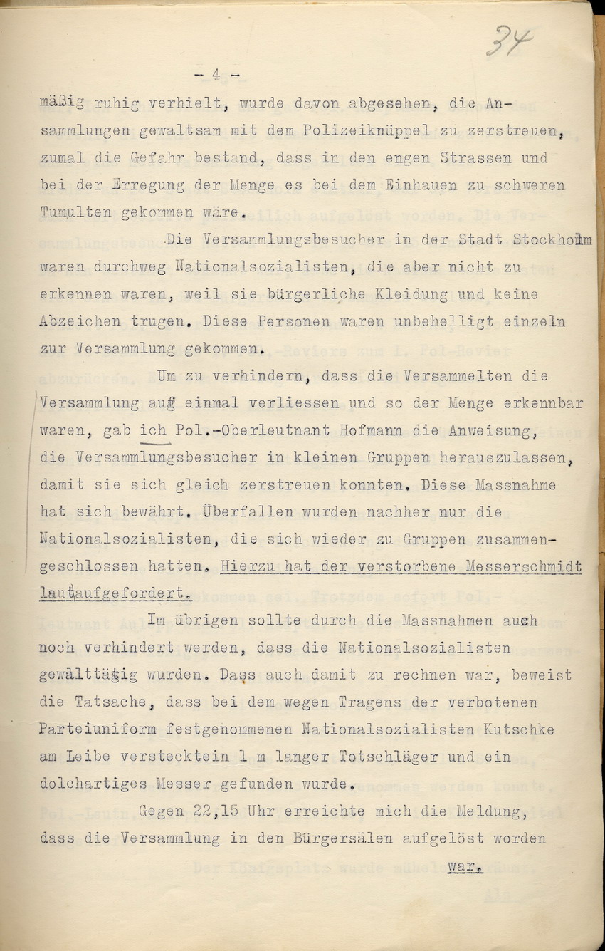 Einsatzprotokoll des Kommandos der Schutzpolizei über die Ereignisse des 17. und 18. Juni 1930, Kassel, den 1. September 1930.