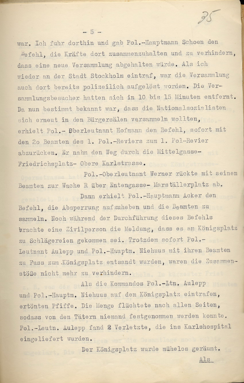 Einsatzprotokoll des Kommandos der Schutzpolizei über die Ereignisse des 17. und 18. Juni 1930, Kassel, den 1. September 1930.