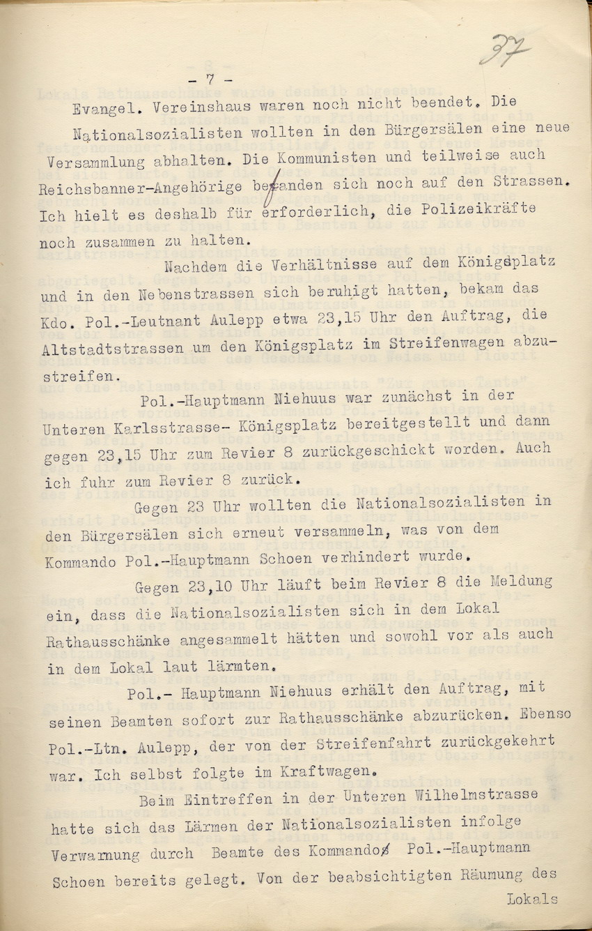 Einsatzprotokoll des Kommandos der Schutzpolizei über die Ereignisse des 17. und 18. Juni 1930, Kassel, den 1. September 1930.