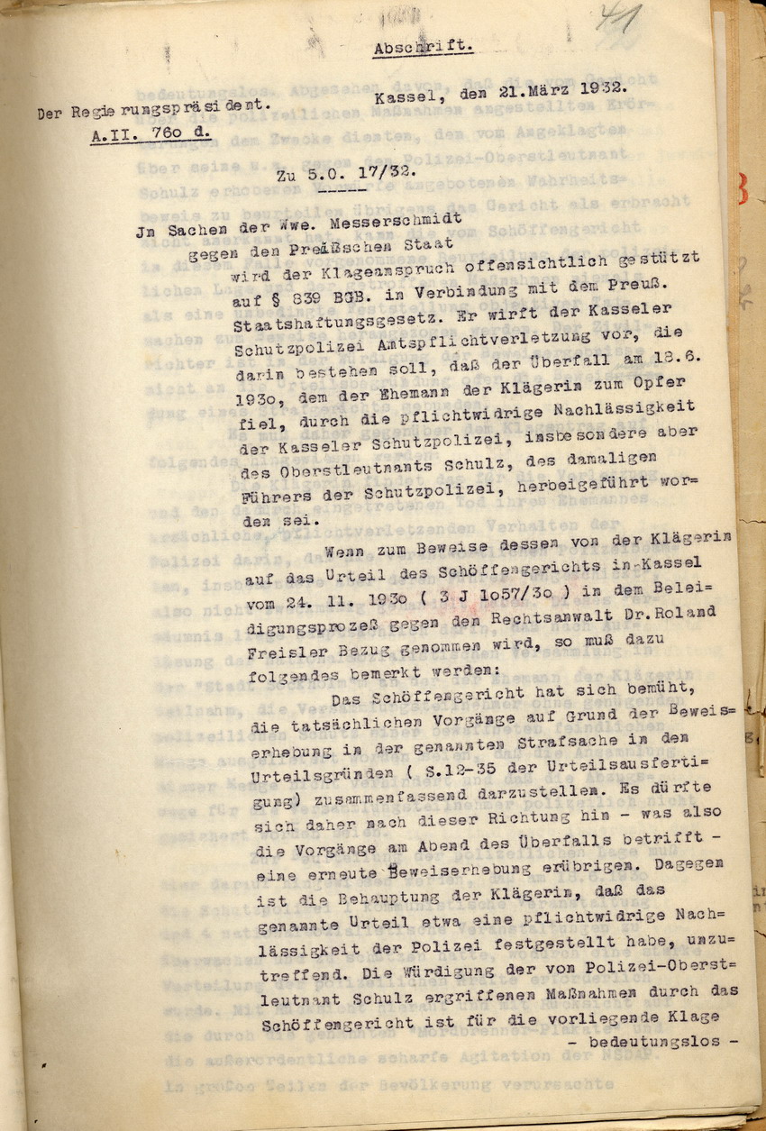 Stellungnahme des Regierungspräsidenten im Verfahren der Witwe Messerschmidt gegen den Preußischen Staat, Kassel, den 21. März 1932.