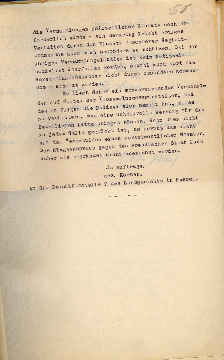 Stellungnahme des Regierungspräsidenten im Verfahren der Witwe Messerschmidt gegen den Preußischen Staat, Kassel, den 21. März 1932.