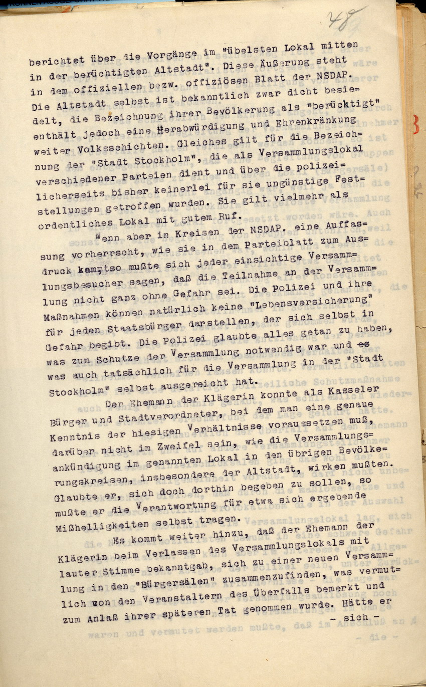 Stellungnahme des Regierungspräsidenten im Verfahren der Witwe Messerschmidt gegen den Preußischen Staat, Kassel, den 21. März 1932.
