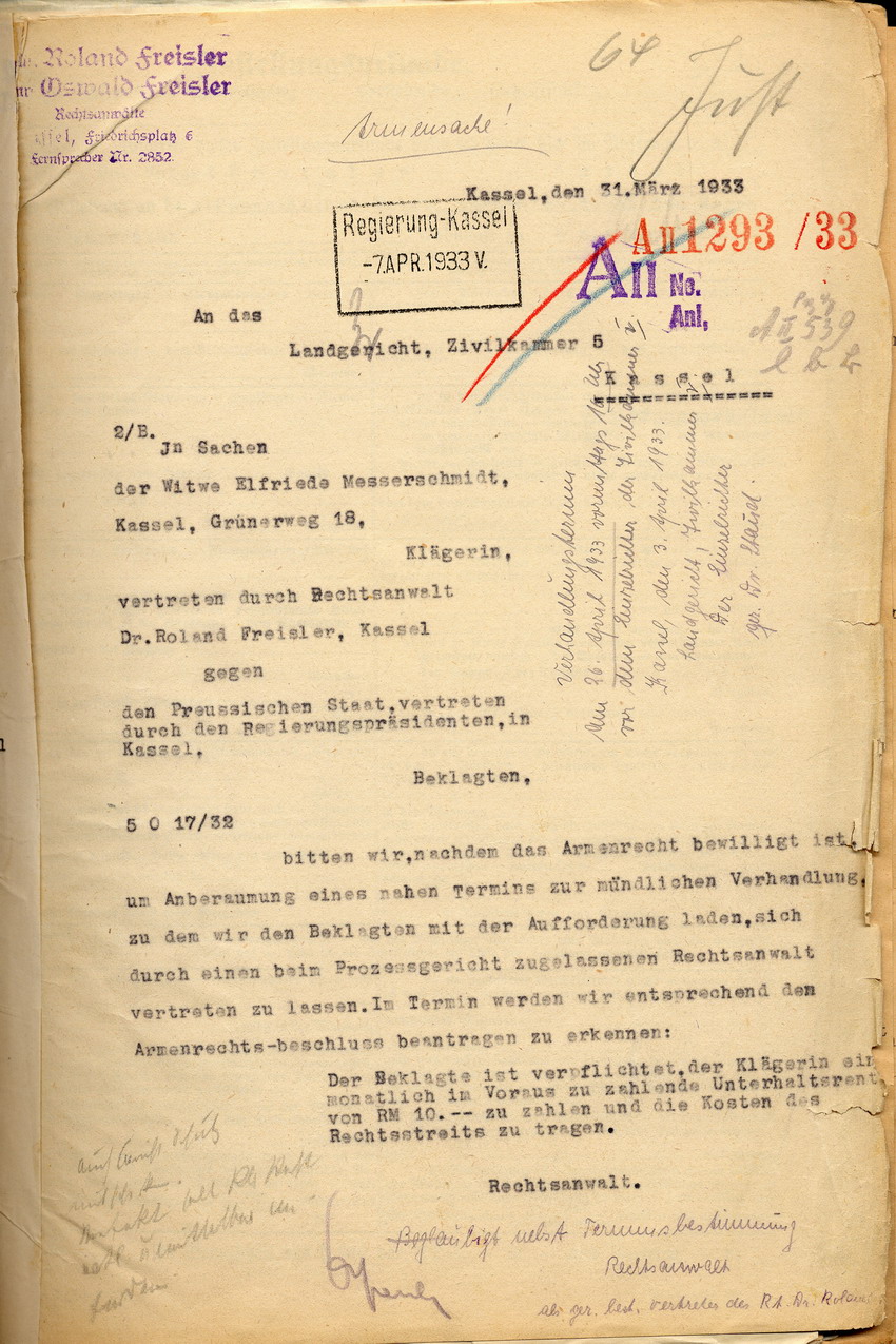 Anwälte Freisler: Unterhaltsklage der Witwe Messerschmidt beim Landgericht, Kassel, den 31. März 1933.