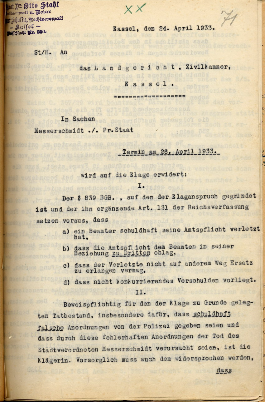 Erwiderung des Rechtsanwalts Dr. Otto Stahl im Namen des Preußischen Staates auf die Klage der Witwe Messerschmidt, Kassel, den 24. April 1933.
