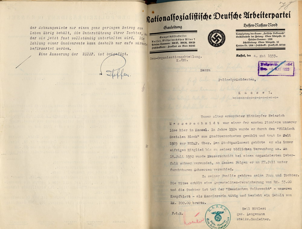 Befürwortung einer Gnadenrente für die Witwe Messerschmidt durch den Stellvertretenden Polizeipräsidenten Pfeffer nebst einer Stellungnahme der NSDAP-Gauleitung, Kassel, den 4. Mai 1933.