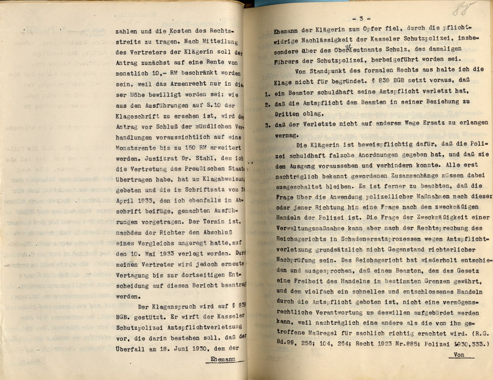 Stellungnahme des Kommissarischen Regierungspräsidenten zur Zahlung einer Unterhaltsrente und Gewährung einer Gnadenrente für die Witwe Messerschmidt, Kassel, den 8. Mai 1933.